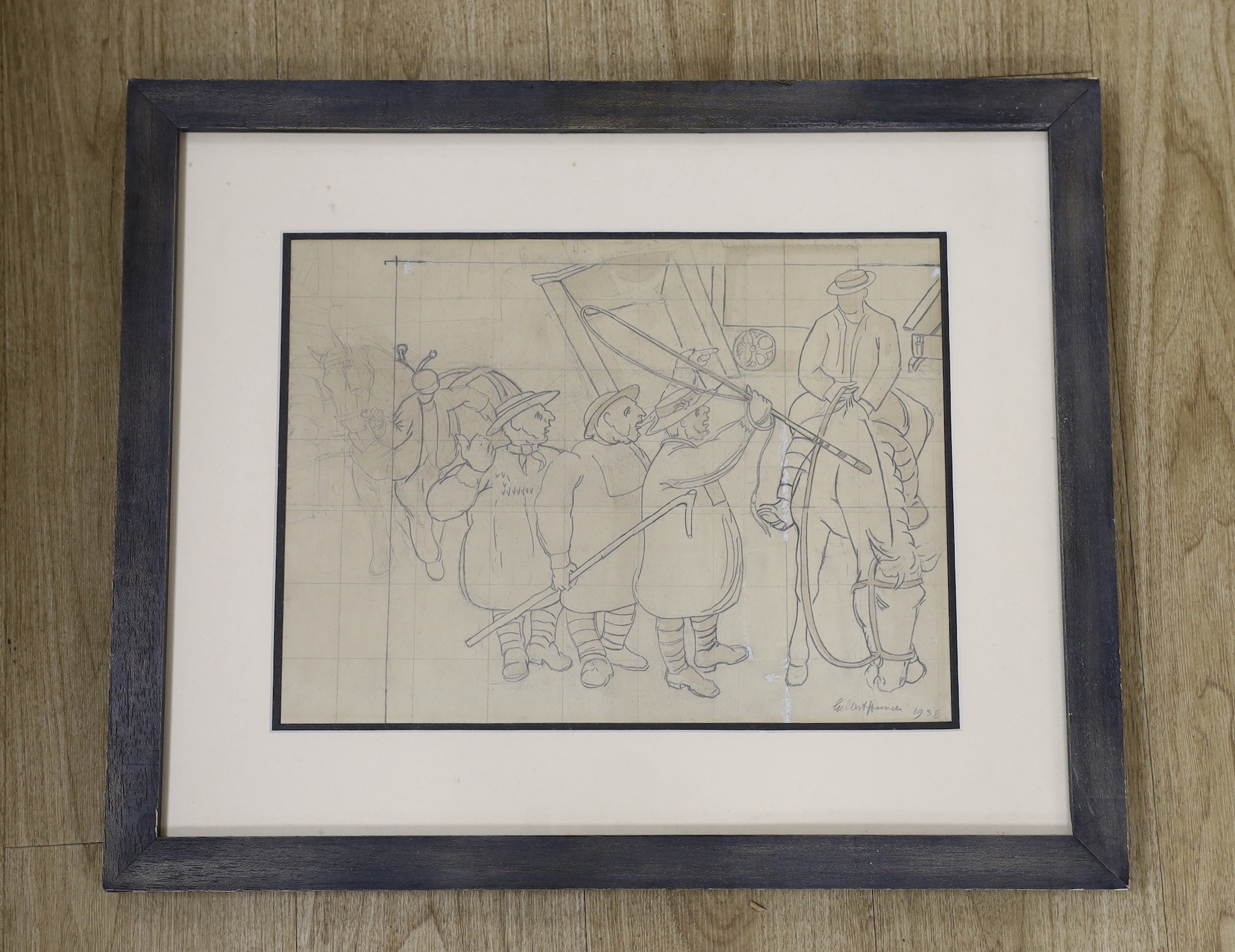 Gilbert French, pencil and wash preparatory sketch, Harvesters and horseman, signed and dated 1938, 31 x 42cm